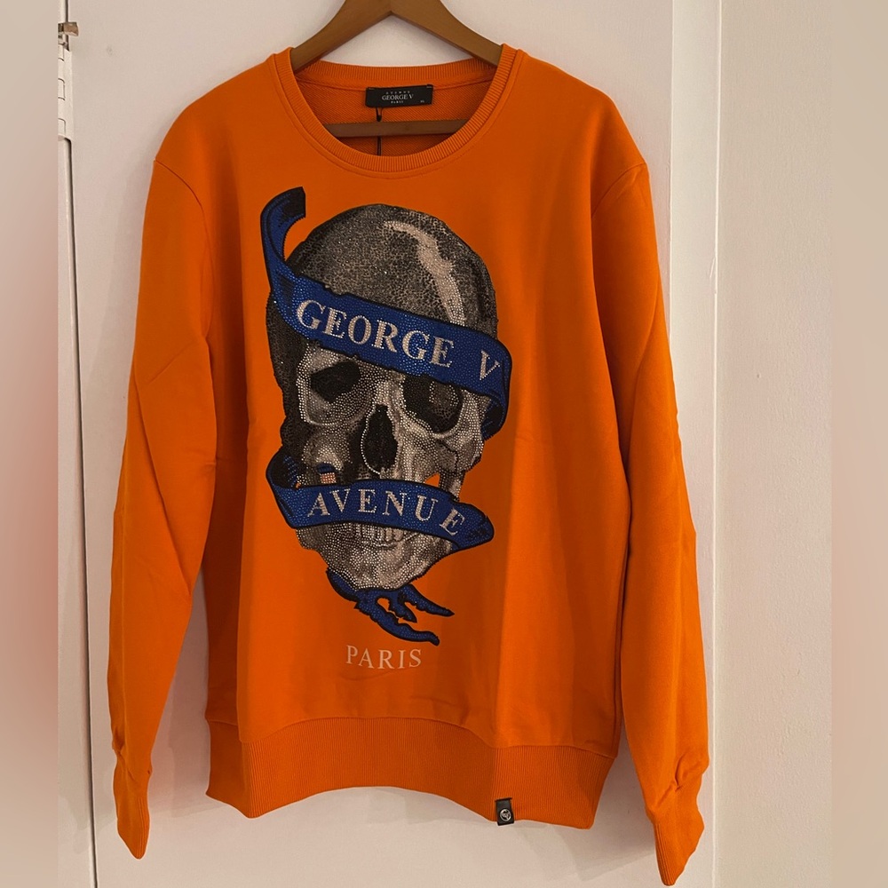 -Avenue George V Paris Sweatshirt Orange Long Sleeve Rhinestone Skull XL